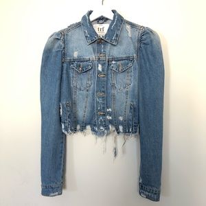 Zara distressed denim jacket with puff sleeves